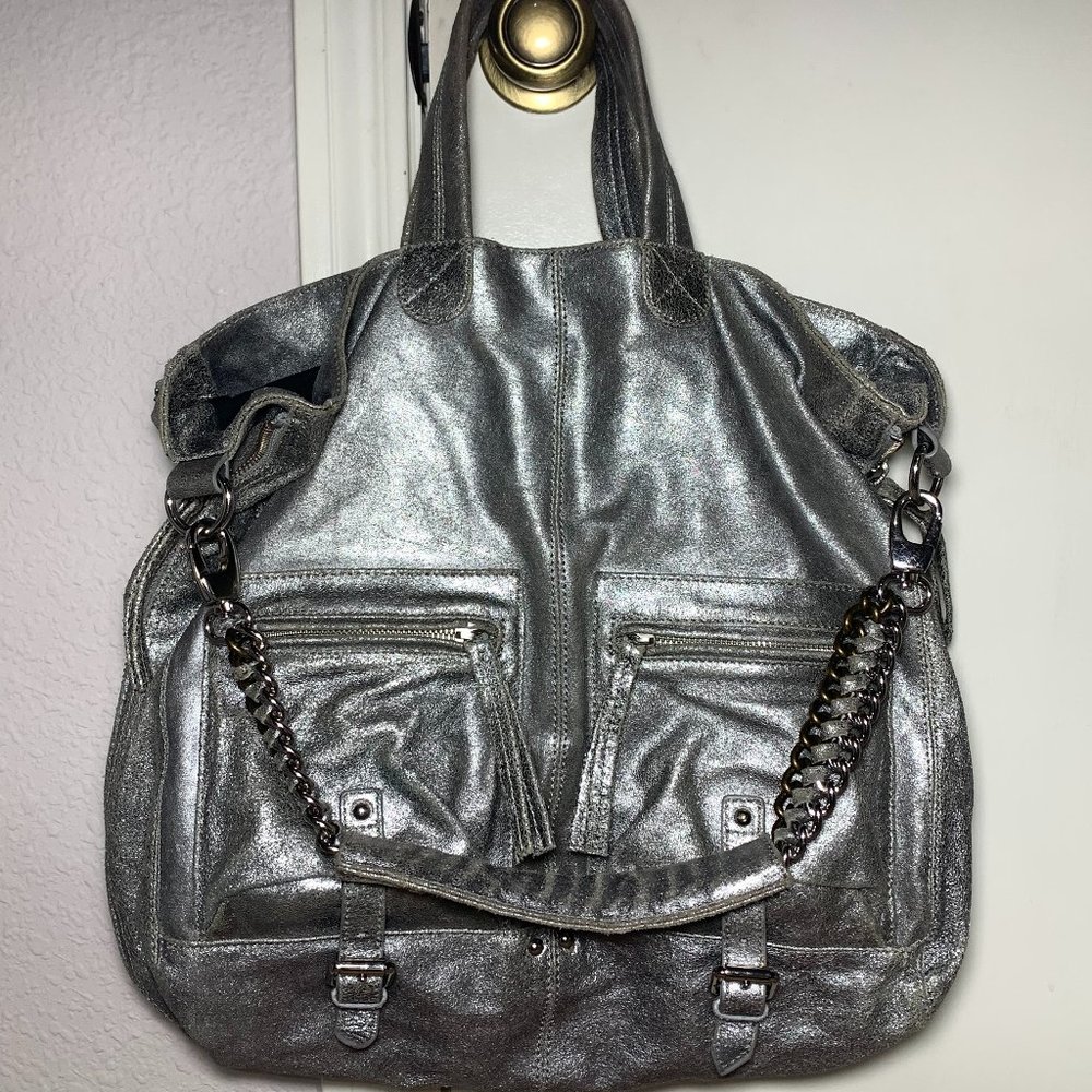 La Victoire Heavy Metallic Silver Leather Satchel